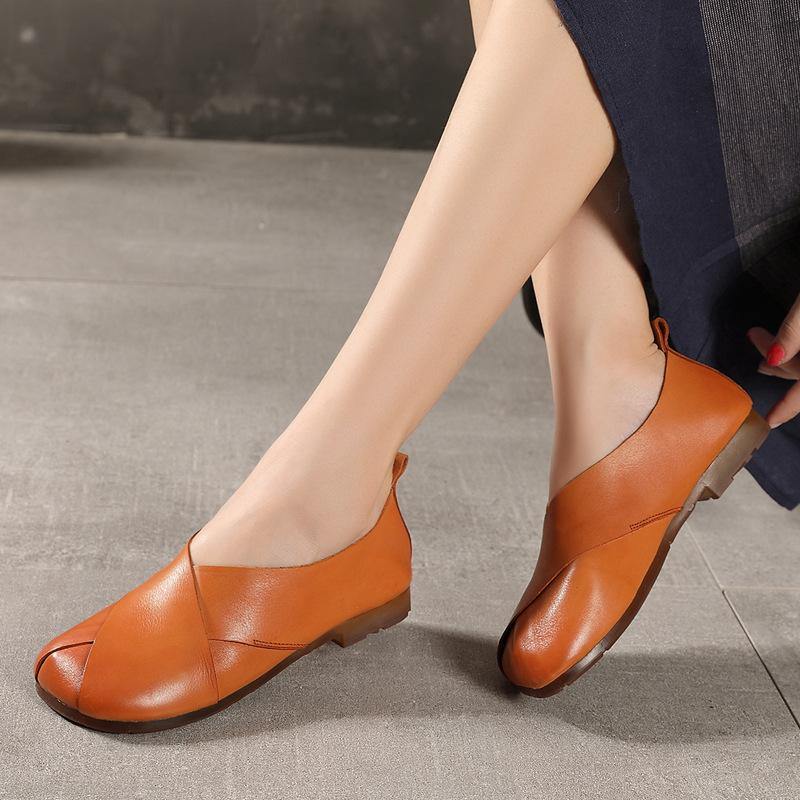 Brown Flat Shoes Cowhide Leather Chic Flats - SooLinen