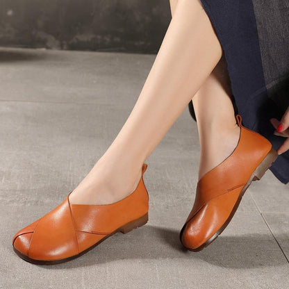 Brown Flat Shoes Cowhide Leather Chic Flats - SooLinen
