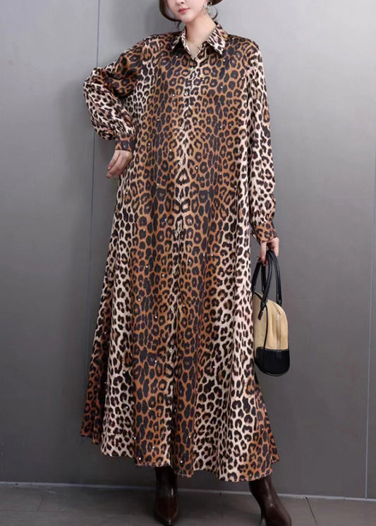Brown Leopard Peter Pan Collar Long Dresses Peter Pan Collar Fall
