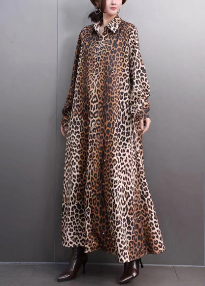 Brown Leopard Peter Pan Collar Long Dresses Peter Pan Collar Fall