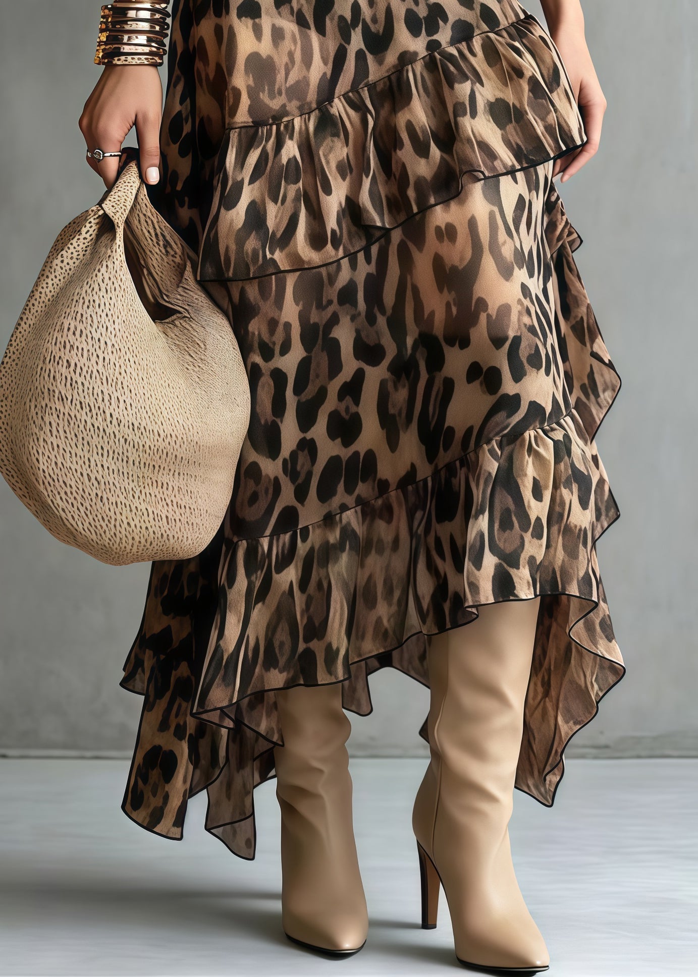 Brown Leopard Print Chiffon Holiday Skirt Ruffled Summer