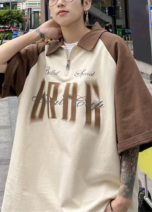 Brown Letter Patchwork Cotton Mens Polo Shirts Zip Up Summer
