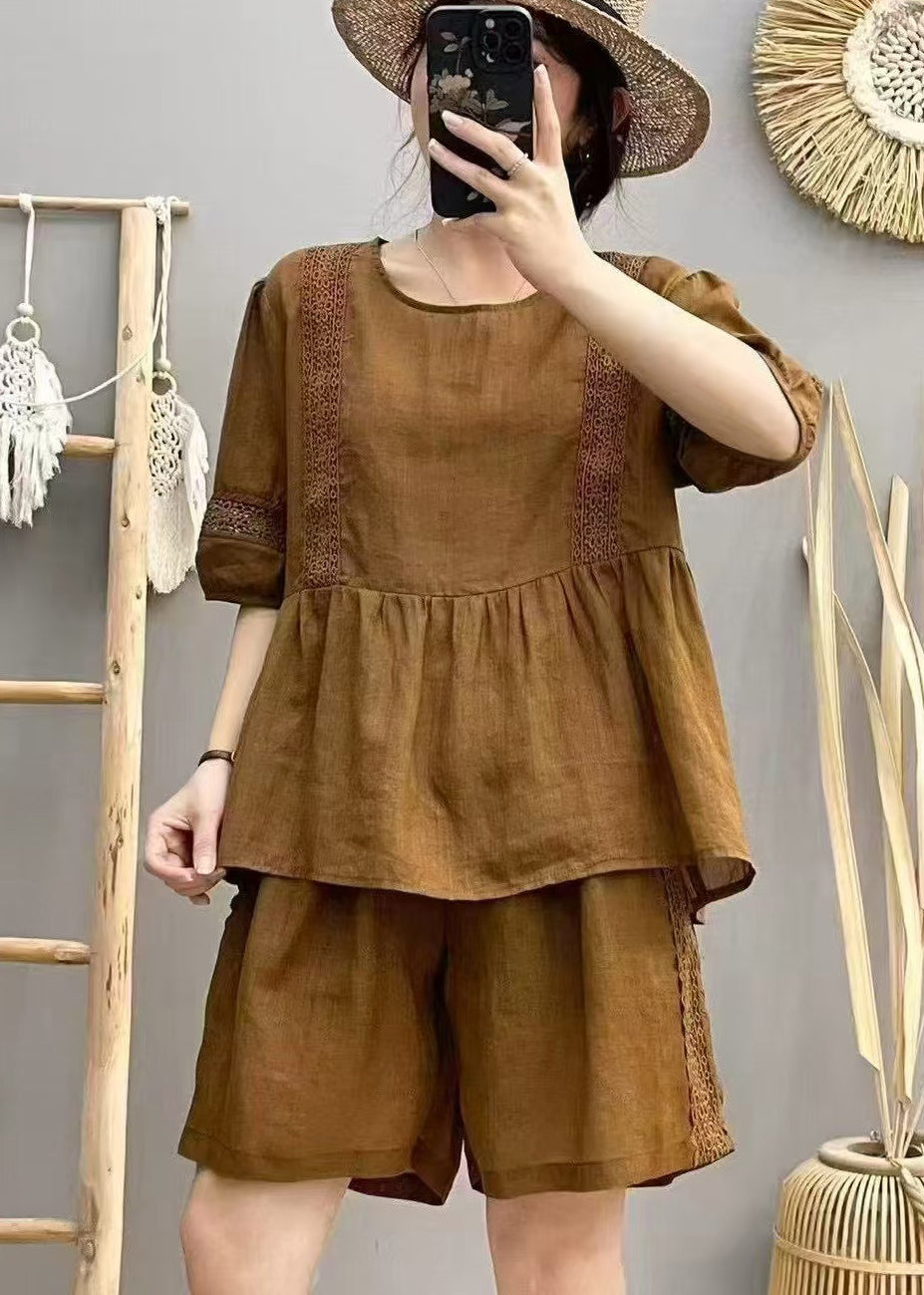 Brown Patchwork Linen Two Pieces Set Hollow Out Summer