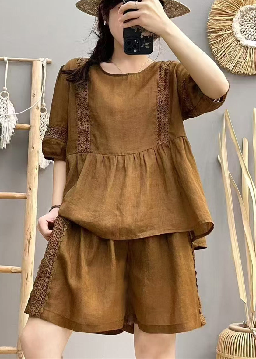 Brown Patchwork Linen Two Pieces Set Hollow Out Summer