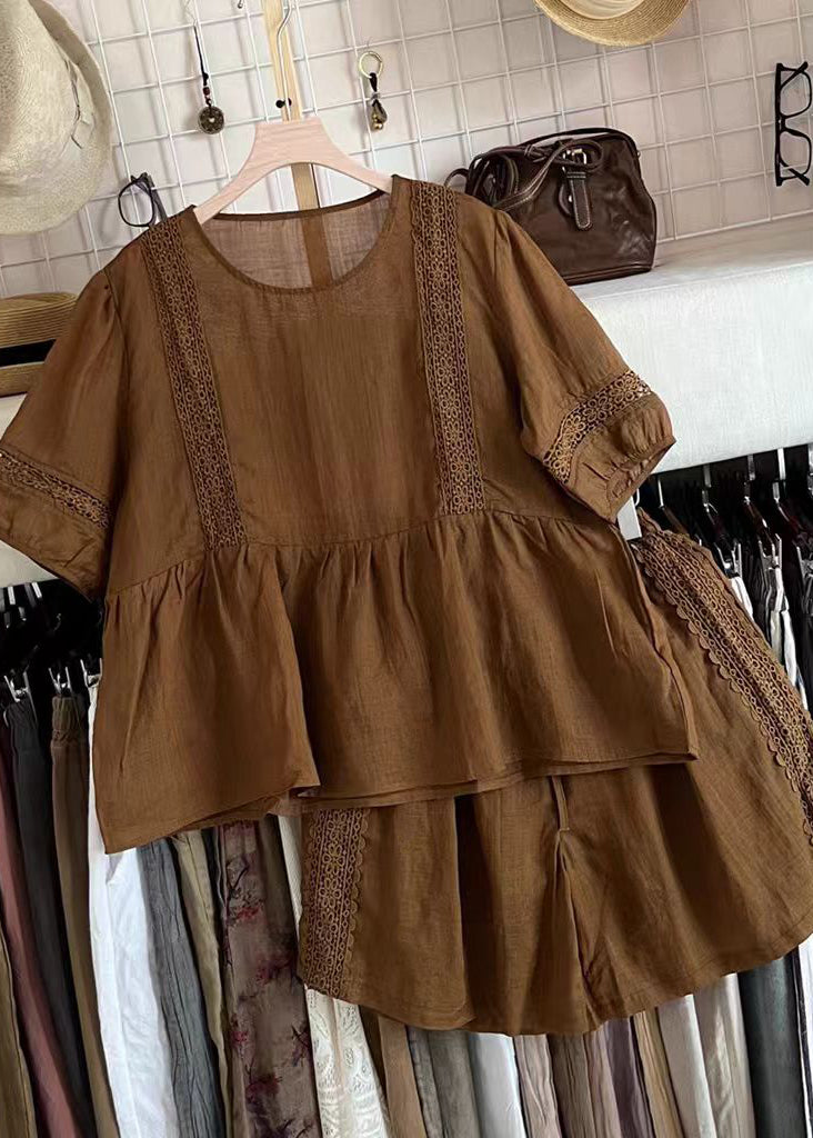 Brown Patchwork Linen Two Pieces Set Hollow Out Summer