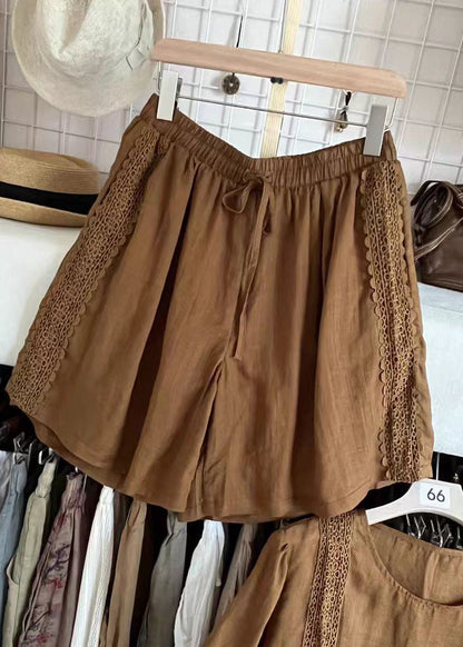 Brown Patchwork Linen Two Pieces Set Hollow Out Summer