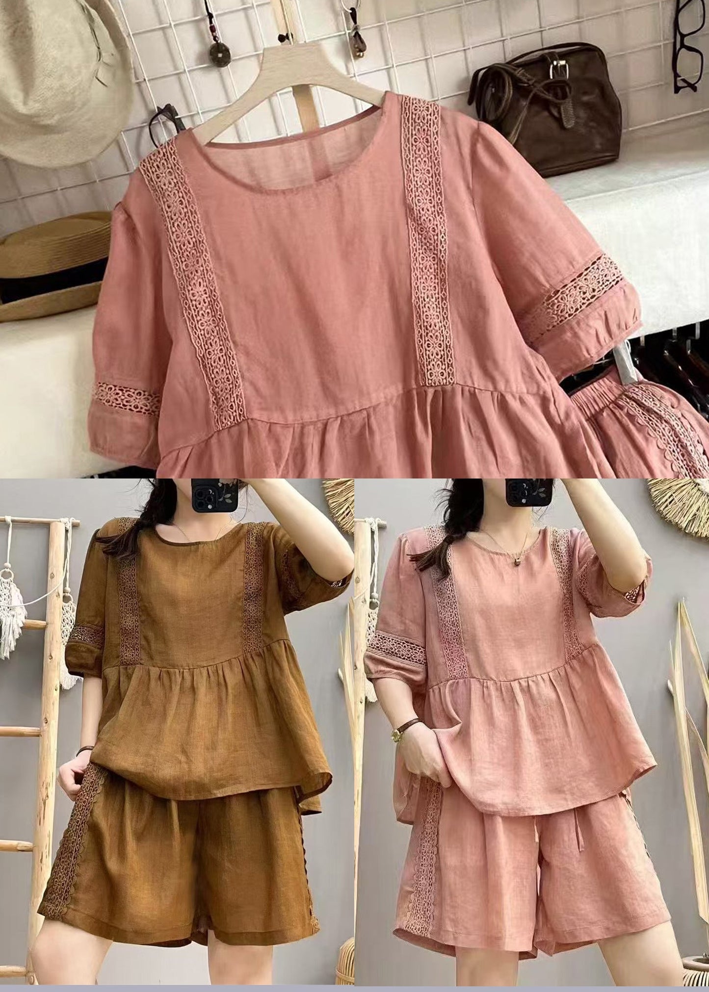 Brown Patchwork Linen Two Pieces Set Hollow Out Summer