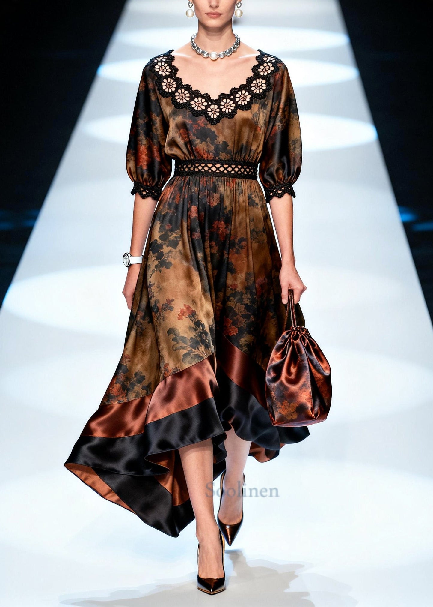 Brown Patchwork Silk Maxi Dress Asymmetrical Exra Large Hem Summer
