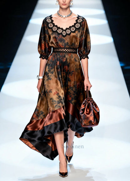 Brown Patchwork Silk Maxi Dress Asymmetrical Exra Large Hem Summer