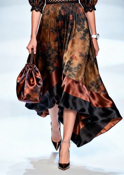 Brown Patchwork Silk Maxi Dress Asymmetrical Exra Large Hem Summer