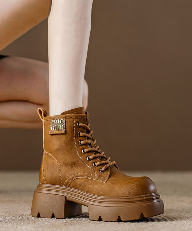 Braune Plateau-Schnürstiefel aus Rindsleder für Damen