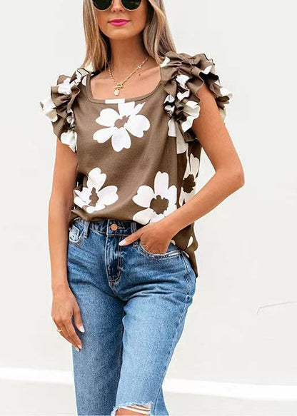Brown Print Square Collar Cotton Shirt Tops Summer