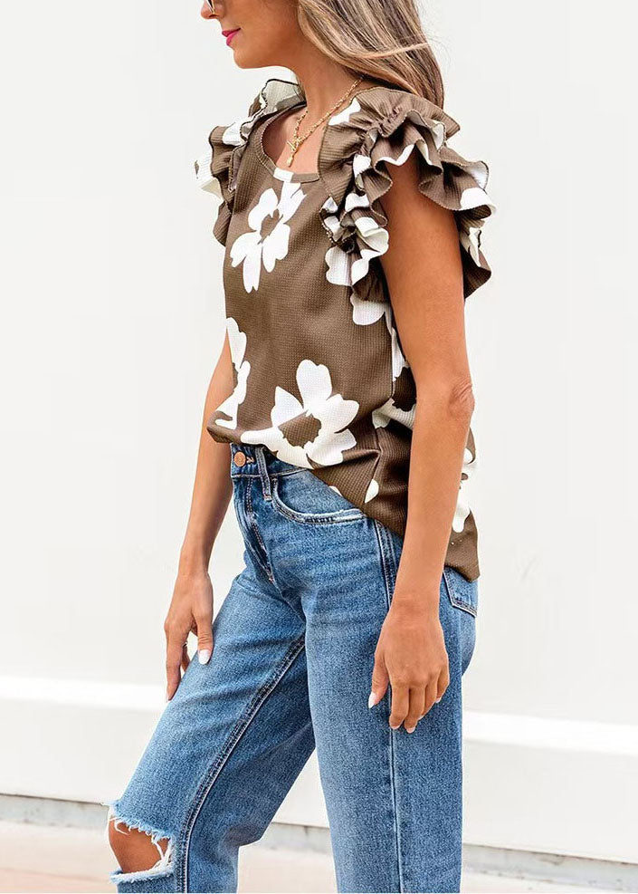 Brown Print Square Collar Cotton Shirt Tops Summer