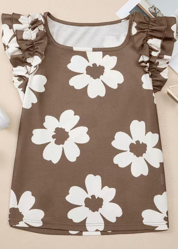 Brown Print Square Collar Cotton Shirt Tops Summer