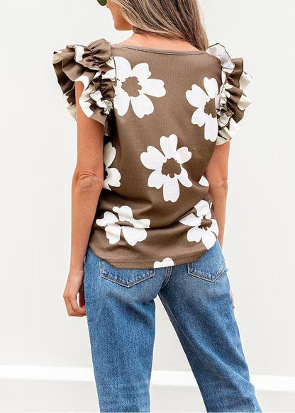 Brown Print Square Collar Cotton Shirt Tops Summer