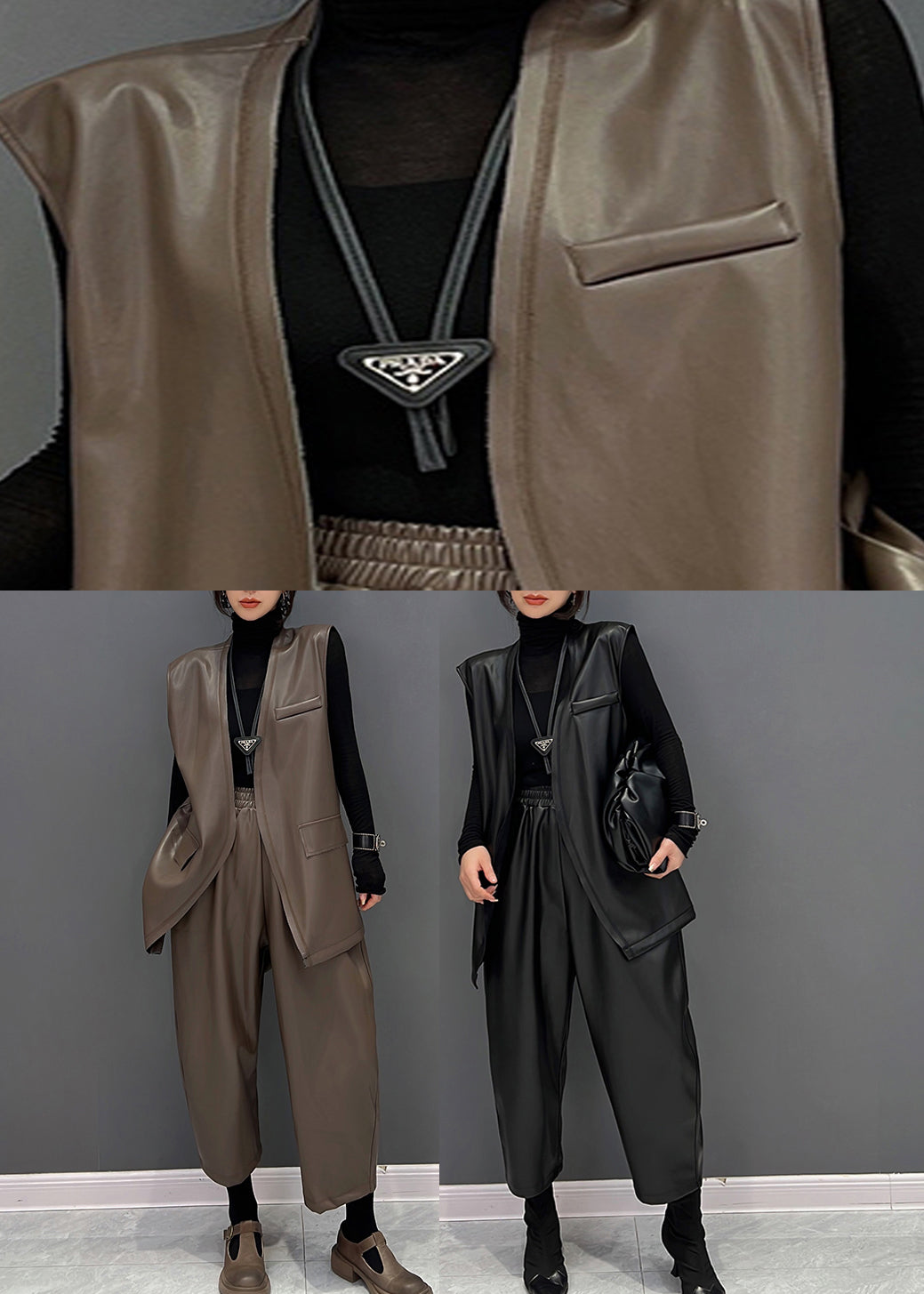 Braune Weste aus Kunstleder mit V-Ausschnitt und gerade geschnittene Hose, zweiteiliges Set für den Herbst