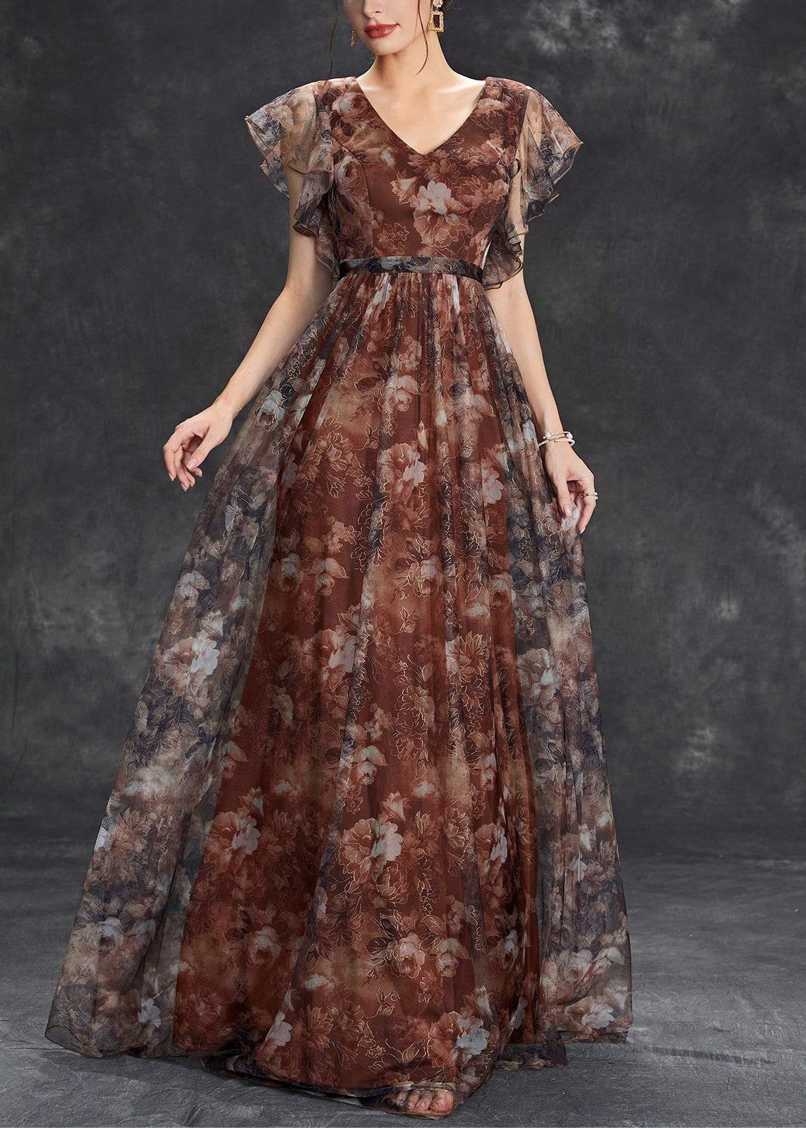 Brown V Neck Print Tulle Long Dress Short Sleeve