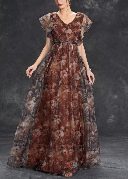 Brown V Neck Print Tulle Long Dress Short Sleeve
