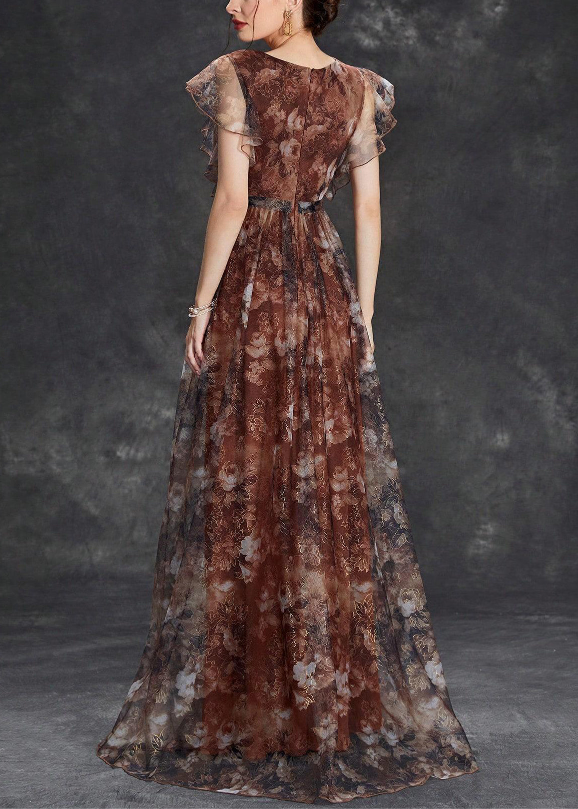 Brown V Neck Print Tulle Long Dress Short Sleeve