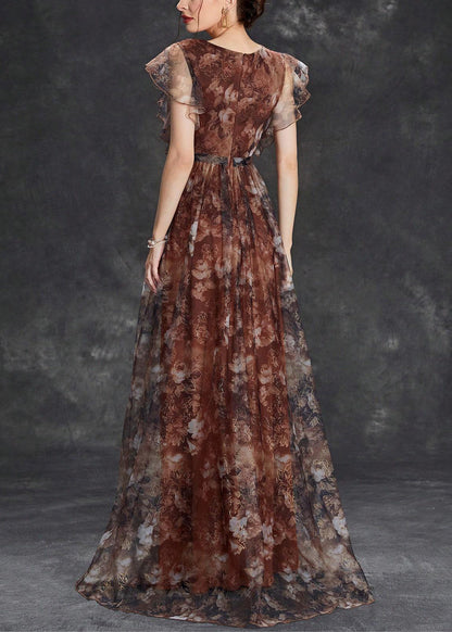 Brown V Neck Print Tulle Long Dress Short Sleeve