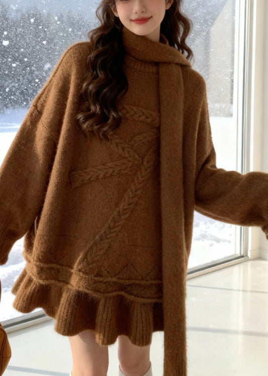 Brown Warm Knit Two Piece Set Women Clothing Oversized Bow Winter