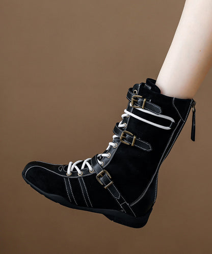 Braune Keilabsatz-Wildlederstiefel mit Schnürung, Reißverschluss und Ziernähten