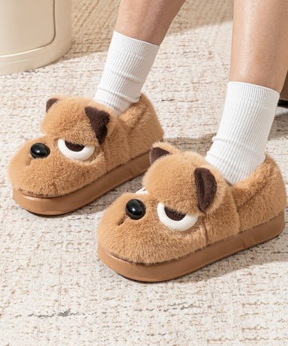 Brown Women Splicing Cartoon Fuzzy Fur Flat Feet Shoes