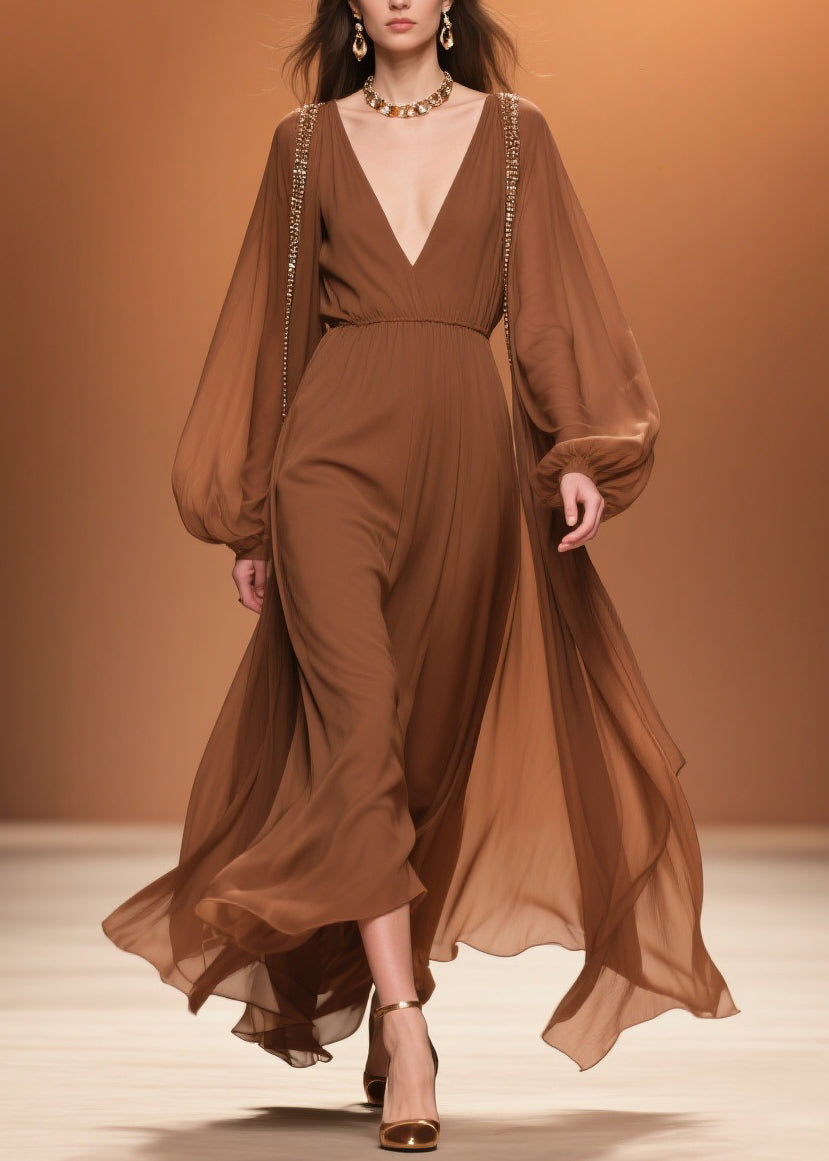 Brown Wrinkled High Waist Chiffon Maxi Dresses V Neck Spring