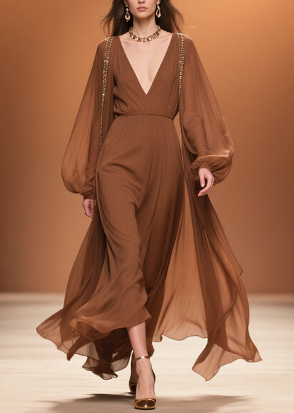 Brown Wrinkled High Waist Chiffon Maxi Dresses V Neck Spring