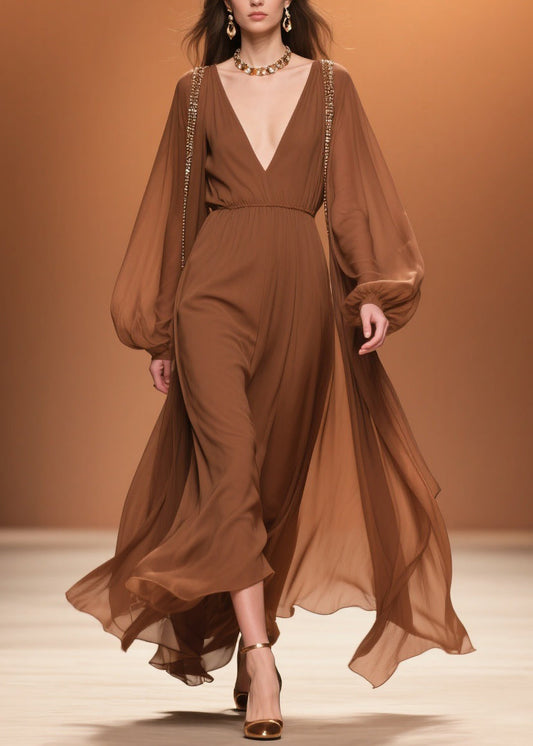 Brown Wrinkled High Waist Chiffon Maxi Dresses V Neck Spring