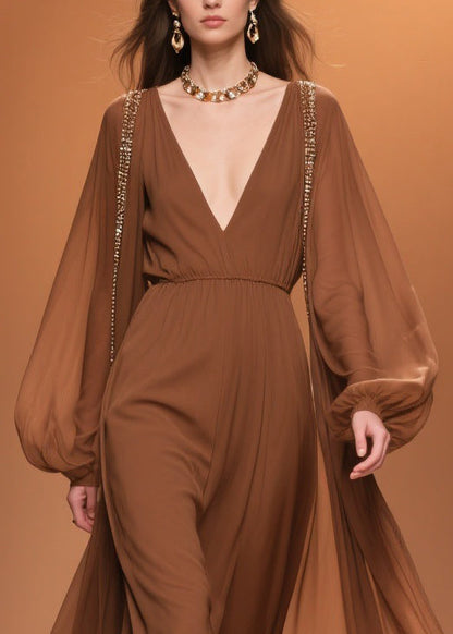 Brown Wrinkled High Waist Chiffon Maxi Dresses V Neck Spring