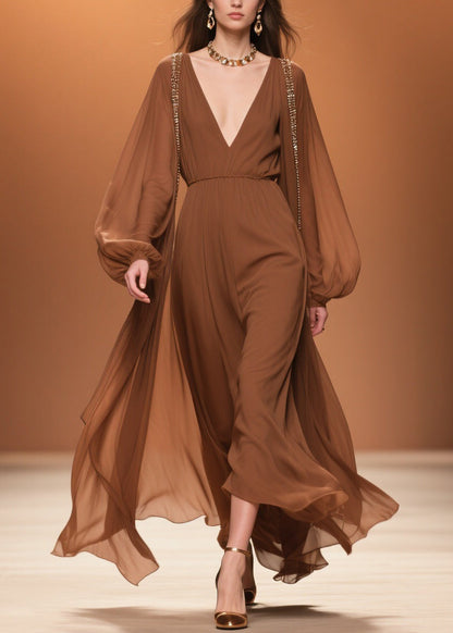 Brown Wrinkled High Waist Chiffon Maxi Dresses V Neck Spring