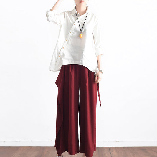 Burgunderrote asymmetrische Leinenhose, Oversize-Hose mit weitem Bein