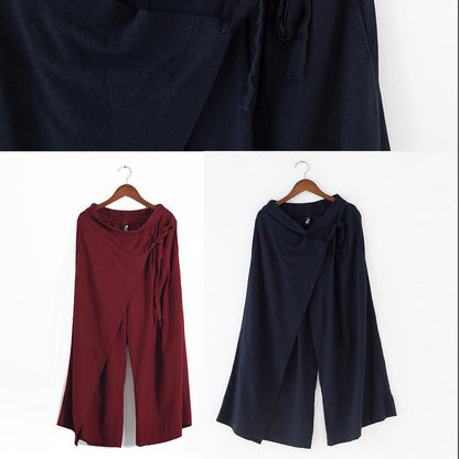 Burgunderrote asymmetrische Leinenhose, Oversize-Hose mit weitem Bein