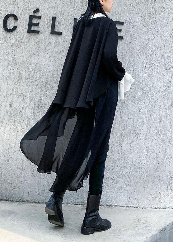 Buy black chiffon Long Shirts Work Outfits asymmetric Plus Size Clothing lapel Dresses - SooLinen