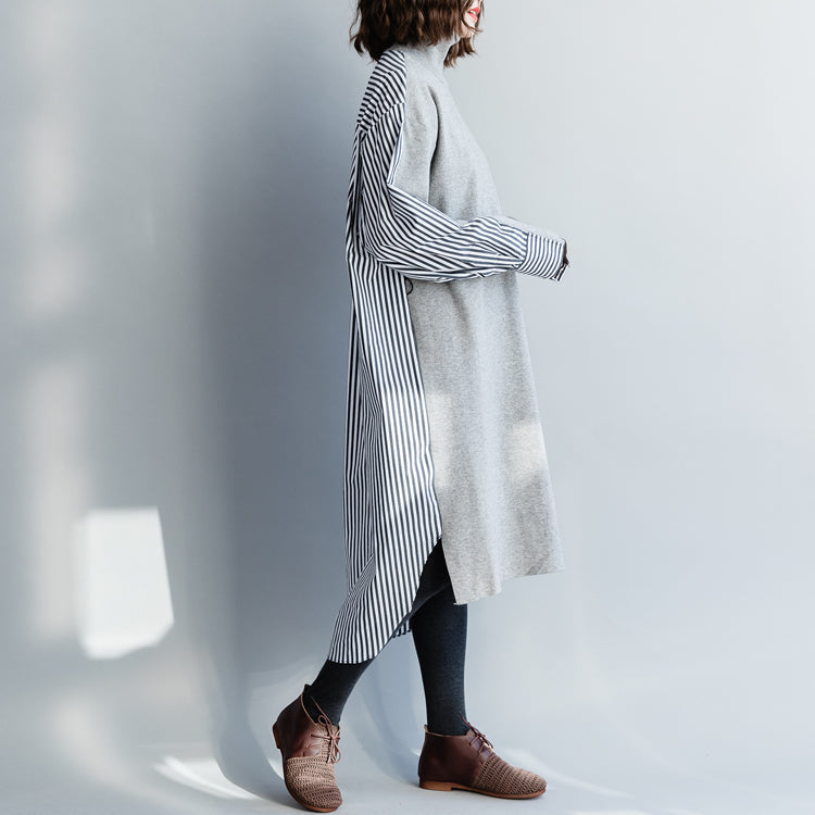 Kaufen Sie graue Baumwollkleidung für Frauen Metropolitan Museum Work Art High Neck Batwing Sleeve Dress