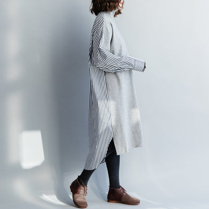 Kaufen Sie graue Baumwollkleidung für Frauen Metropolitan Museum Work Art High Neck Batwing Sleeve Dress