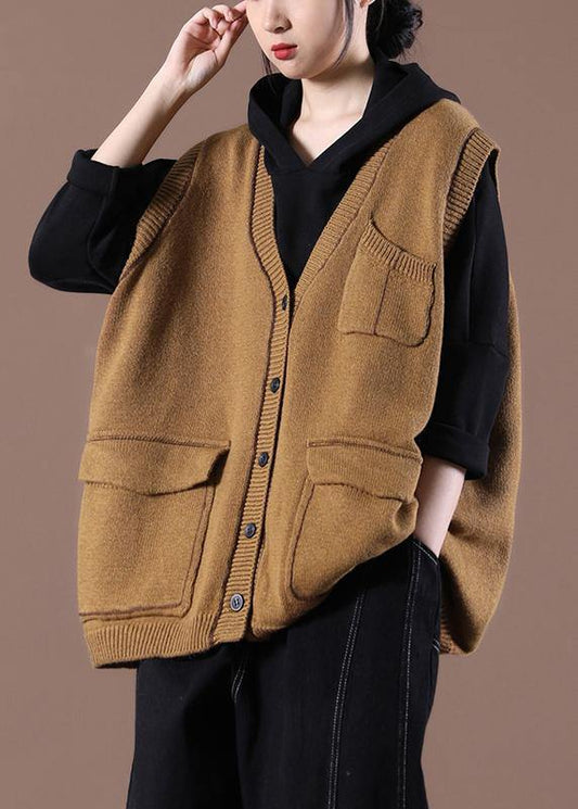 Camel Knitted  Waistcoat V Neck women sweatar vest - SooLinen