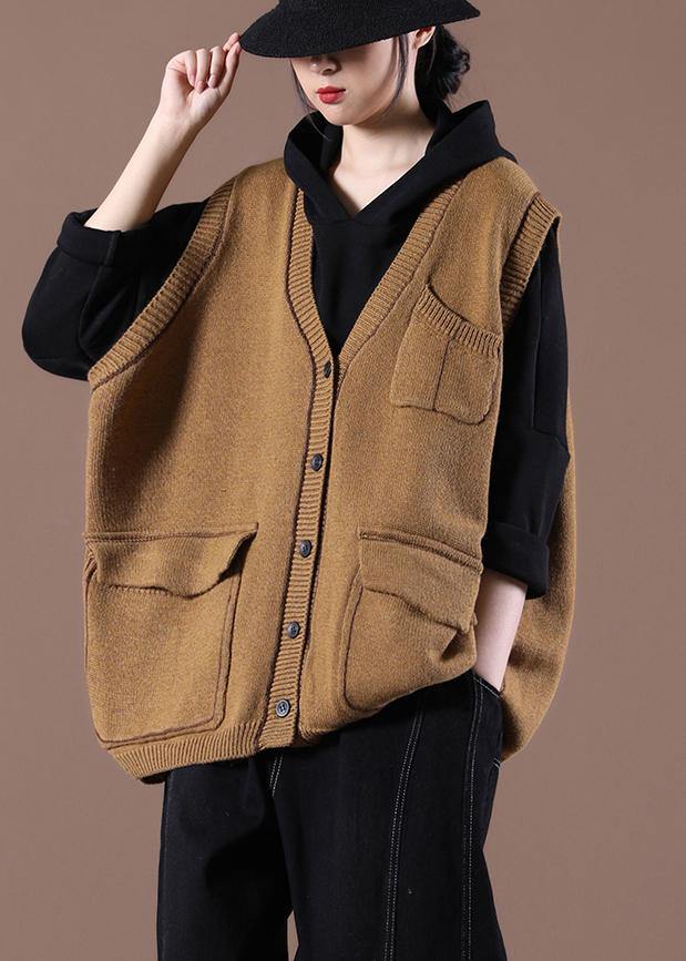 Camel Knitted  Waistcoat V Neck women sweatar vest - SooLinen