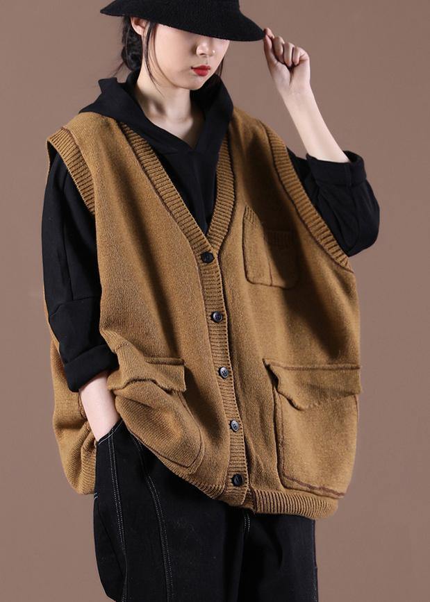 Camel Knitted  Waistcoat V Neck women sweatar vest - SooLinen
