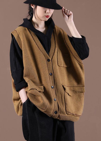 Camel Knitted  Waistcoat V Neck women sweatar vest - SooLinen