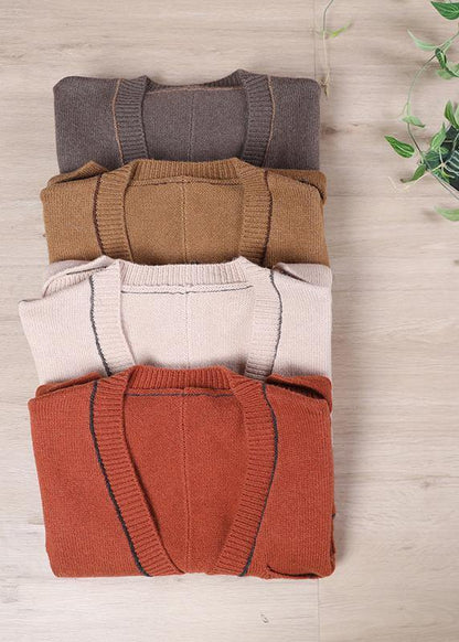 Camel Knitted  Waistcoat V Neck women sweatar vest - SooLinen