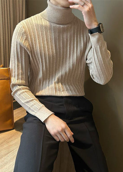Camel Striped Thick Knit Winter Men Sweater Tops Turtleneck