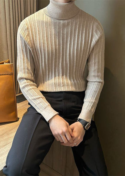 Camel Striped Thick Knit Winter Men Sweater Tops Turtleneck