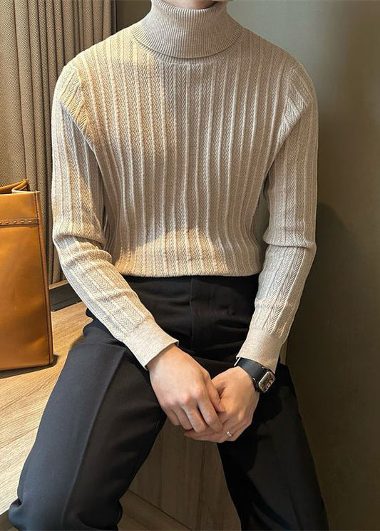 Camel Striped Thick Knit Winter Men Sweater Tops Turtleneck