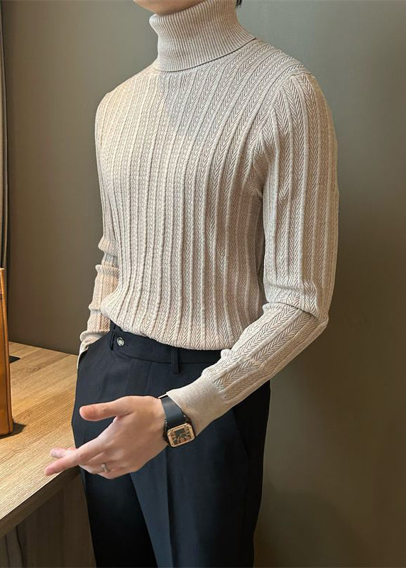 Camel Striped Thick Knit Winter Men Sweater Tops Turtleneck