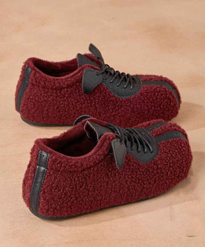 Camel Suede Lace Up Splicing Loafers Fuzzy Wool Lined