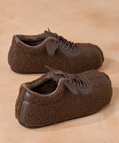 Camel Suede Lace Up Splicing Loafers Fuzzy Wool Lined