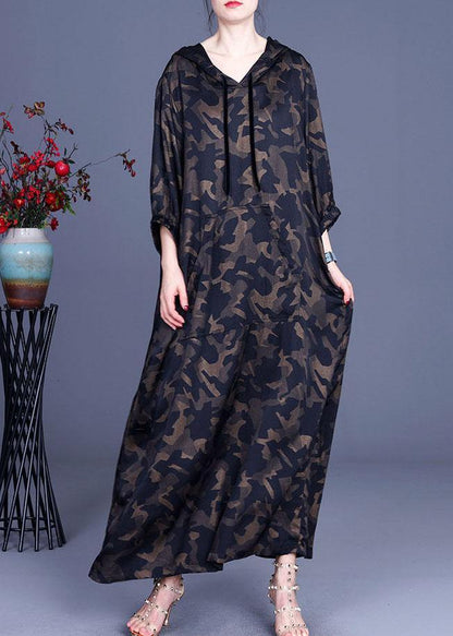 Camouflage Hooded Print Casual Summer Silk Long Dresses - SooLinen