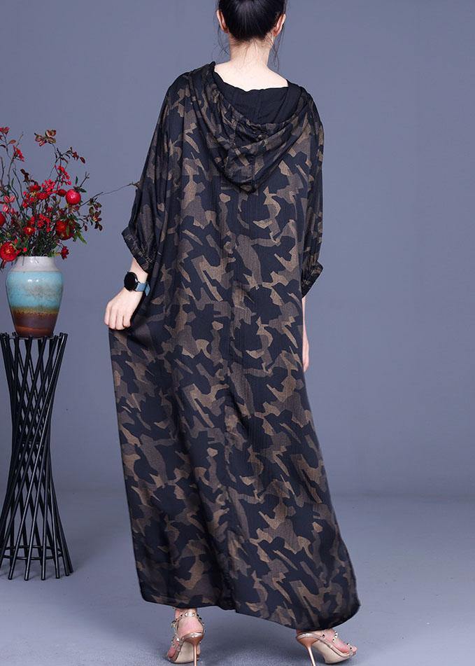 Camouflage Hooded Print Casual Summer Silk Long Dresses - SooLinen